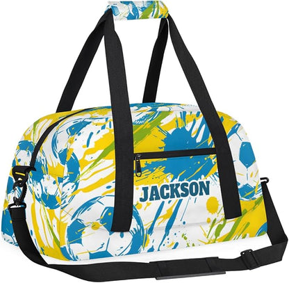 Personalized Boys Soccer Gym Duffel Bags for Kids, Custom Name Sport Training Travel Bags for Overnight Weekender