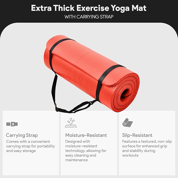 BalanceFrom 71x24 Inches Extra Thick Yoga Mat 1-Inch High-Density Foam – Roll-Up Exercise Pad with Double-Sided Non-Slip Surface and Carrying Strap for Pilates and Home Workouts, Multiple Colors
