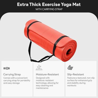 BalanceFrom 71x24 Inches Extra Thick Yoga Mat 1-Inch High-Density Foam – Roll-Up Exercise Pad with Double-Sided Non-Slip Surface and Carrying Strap for Pilates and Home Workouts, Multiple Colors