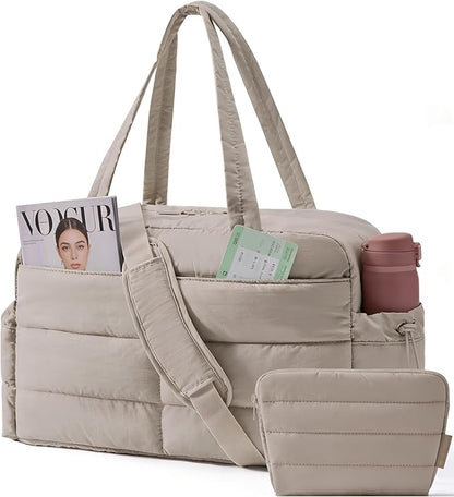 BAGSMART Gym Bag for Women, Lightweight Puffer Duffle Bag 2-PC Travel Bag, 31L Weekender Overnight Bag Quilted Carry On Tote Bag, Diaper Hospital Dance bag for Travel, Gym, Water Resistant, Camel