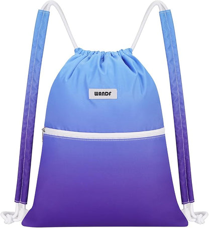 WANDF Drawstring Backpack Sports Gym Bag with Shoulder Pads Water Resistant String Cinch Bag for Women Men (Blue Gradient)