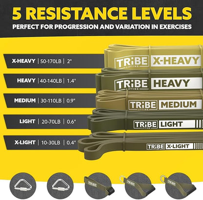Tribe Lifting Resistance Bands for Working Out Men and Women - Set of 5 Pull Up Bands for Strength Training, Exercise Bands with Handles, Door Anchor and Bar Options for Home Gym