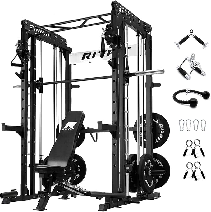 RitFit M1 Pro Smith Machine with Cable Crossover System, Multi-Function Squat Rack Power Cage for Home Gym, Power Rack and Packages