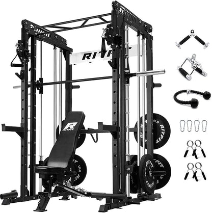 RitFit M1 Pro Smith Machine with Cable Crossover System, Multi-Function Squat Rack Power Cage for Home Gym, Power Rack and Packages