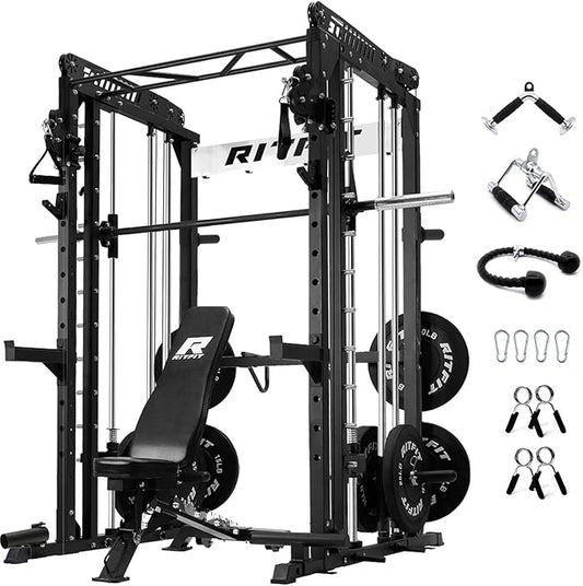 RitFit M1 Pro Smith Machine with Cable Crossover System, Multi-Function Squat Rack Power Cage for Home Gym, Power Rack and Packages