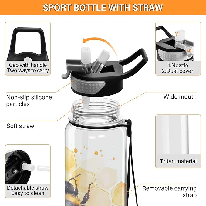 Fustylead Watercolor Honeybee on Honeycomb 32oz Water Bottle with Straw, Leakproof Clear Sport Water Bottles for Gym Camping Hiking Travel