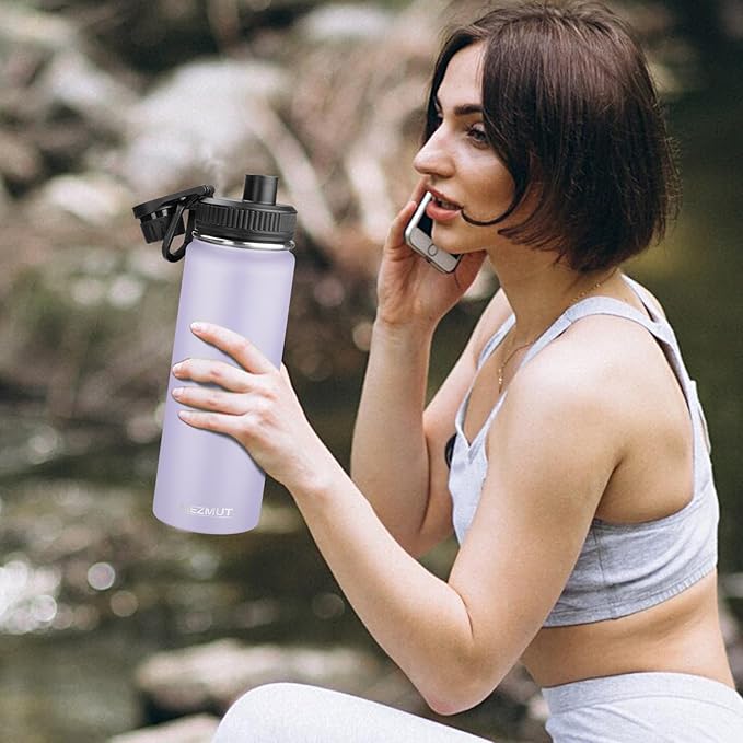 24oz Insulated Water Bottle with Straw&2 Lids, Stainless Steel Water Bottles, Sports Metal Water Bottle Cup, Double Walled Vacuum Insulated Bottles Leak-Proof Travel, Purple