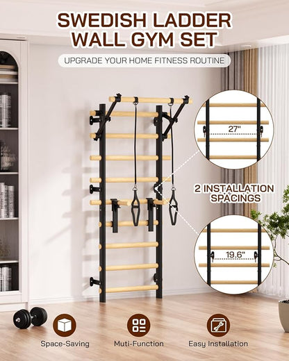 Swedish Ladder Wall Gym, Wooden Wall-Mounted Stall Bars with Pull-up Bar & Exercise Straps & Dip Bars, Stretching Ladder Full Body Home Gym Adults New