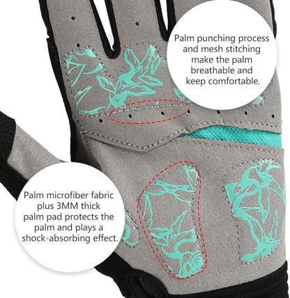 DuShow Bike Gloves for Women Cycling,Pink Floral Workout Gloves Women,Full Finger Biking Driving Riding Gloves for Women,Gel Padded Touch Screen Gym Gloves