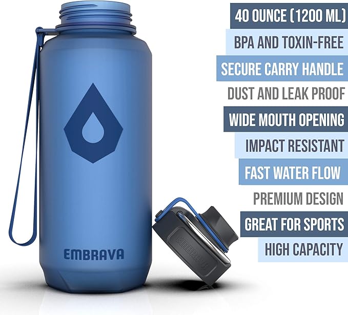 Embrava 40 oz Water Bottle - Large BPA Free Sports Bottle for Gym Hiking - Wide Mouth Leak Proof Fast Flow - Durable Reusable Tritan Plastic - Carry Ring - Sport Water Bottles for Men Women