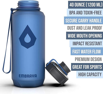Embrava 40 oz Water Bottle - Large BPA Free Sports Bottle for Gym Hiking - Wide Mouth Leak Proof Fast Flow - Durable Reusable Tritan Plastic - Carry Ring - Sport Water Bottles for Men Women