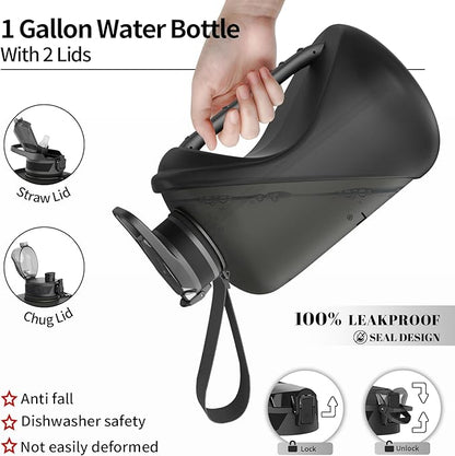 TOOFEEL 1 gallon water bottle - 128 oz water bottle with Straw & Chug Lid - BPA Free Big Water Bottle with Handle - Gym Water Bottle - Black