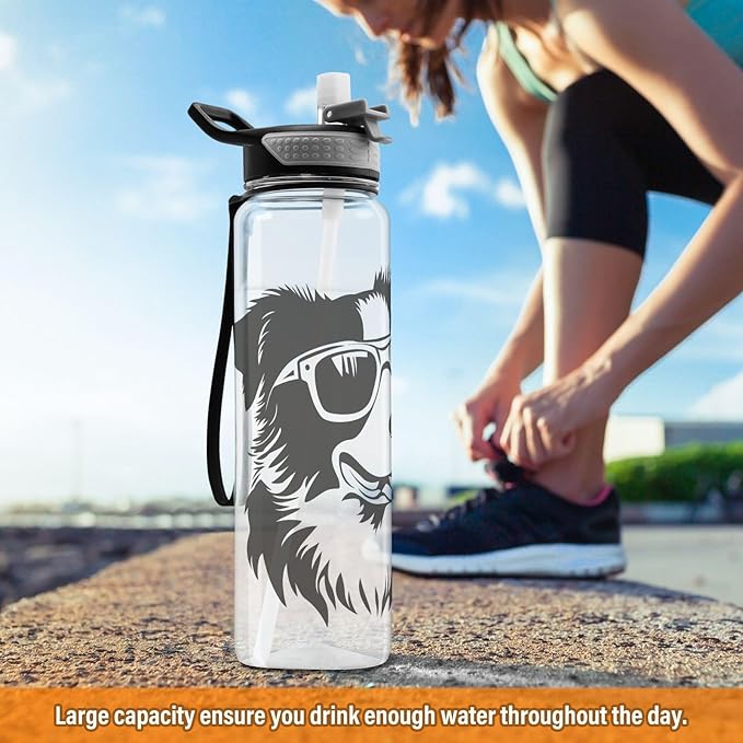 Fustylead Black and White Hipster Collie Dog Wear Glasses 32oz BPA Free Water Bottles, Leakproof Tritan Sport Water Bottle with Straw for Gym Fitness Running