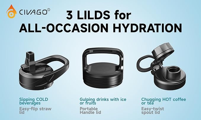 CIVAGO 40 oz Insulated Water Bottle With Straw, Stainless Steel Sports Water Cup Flask with 3 Lids (Straw, Spout and Handle Lid), Double Walled Travel Thermal Canteen Mug, Dark Night