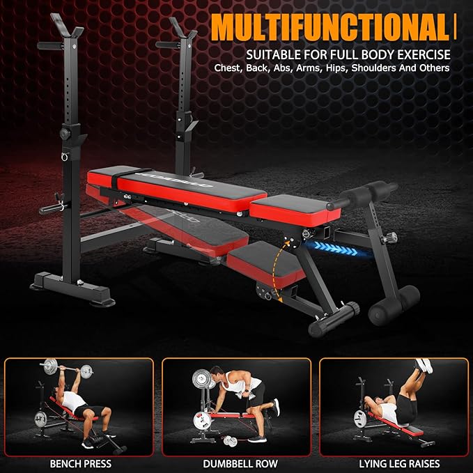 OPPSDECOR 6 in 1 900LBS Weight Bench with Leg Extension and Leg Curl, Foldable Bench Press Set and Squat Barbell Rack with Preacher Curl, Adjustable Workout Bench for Home Gym Strength Training PXZXYX1