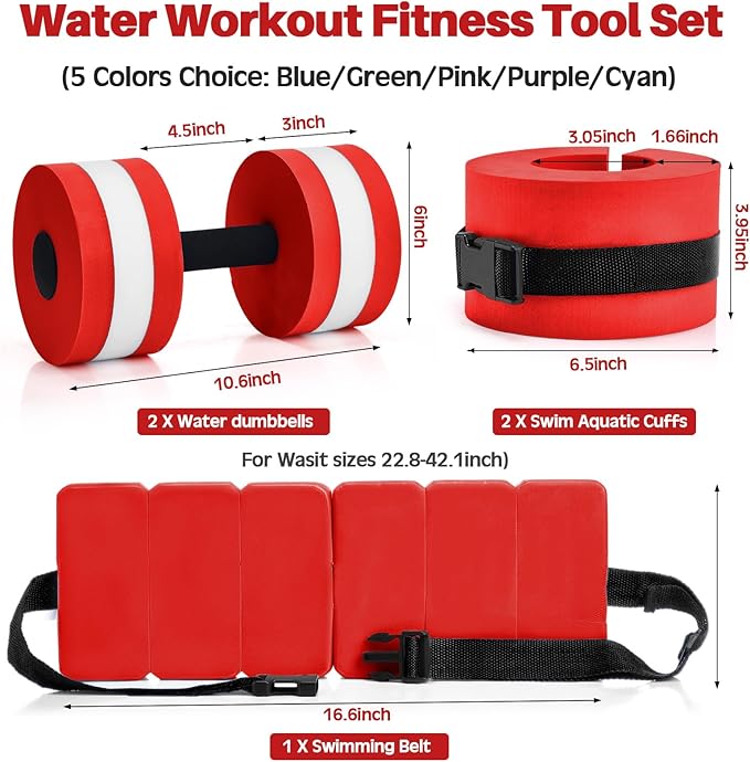 5 Pcs Pool Aquatic Exercise Set Including 2 Lightweight Water Dumbbells, 2 Ankle Swimming Weights, and Swim Belt Water Exercise Equipment for Aquatic Aerobics