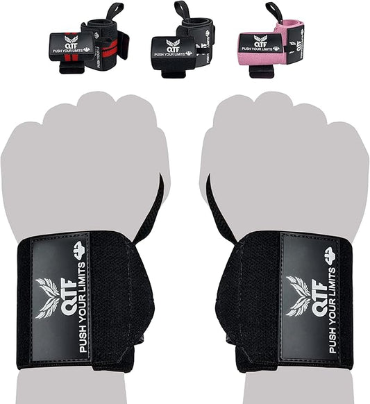 QTF Wrist Wraps for Weightlifting,Powerlifting,12"Heavy-Duty Wrist Support with Thumb Loop. Perfect for Strength Training, Bodybuilding, Dumbbell Lifting, and Wrist support. Includes a free Shark Pad