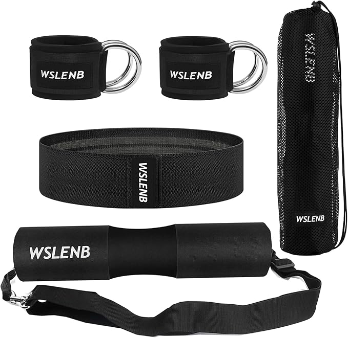 Barbell Pad Set for Squats Hip Thrusts, Barbell Weight Set Neck and Shoulder Protective Cushion Pad with 2 Gym Ankle Straps Booty Resistance Bands for Standard Bars Cable Machine