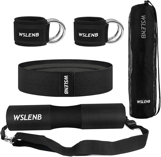 Barbell Pad Set for Squats Hip Thrusts, Barbell Weight Set Neck and Shoulder Protective Cushion Pad with 2 Gym Ankle Straps Booty Resistance Bands for Standard Bars Cable Machine