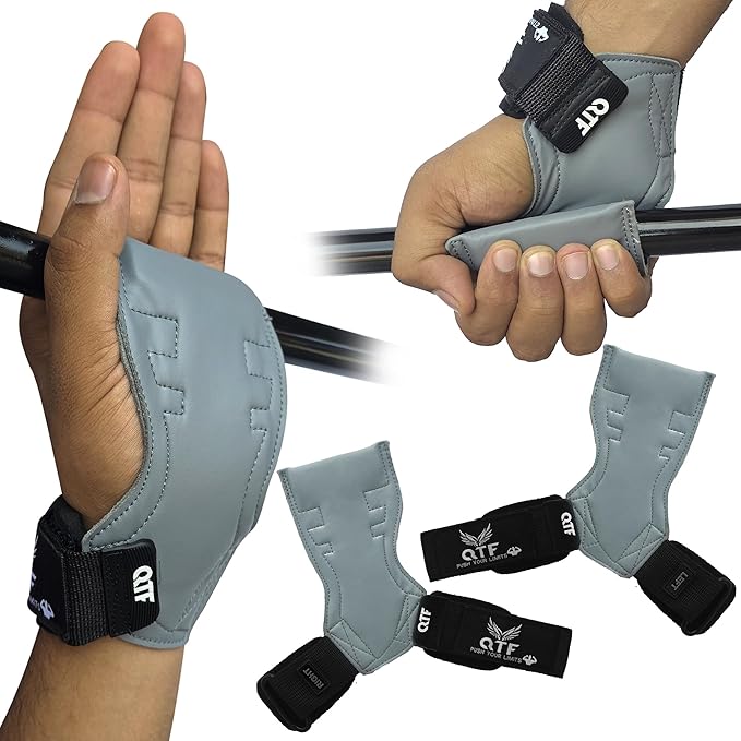 QTF Weight Lifting Grips (Pair) for Heavy Powerlifting, Wrist Straps for Deadlifts, Rows, Pull Ups, with Neoprene Padded Wrist Wraps Support and Strong Rubber Gloves or Straps for Bodybuilding.