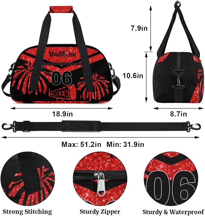 Personalized Girls Gym Cheerleading Bag Sport Duffle Bag, Custom Name Carry On Weekender Bag Travel Vocation Business Trip, Red Glittering Cheerleader Pom Poms
