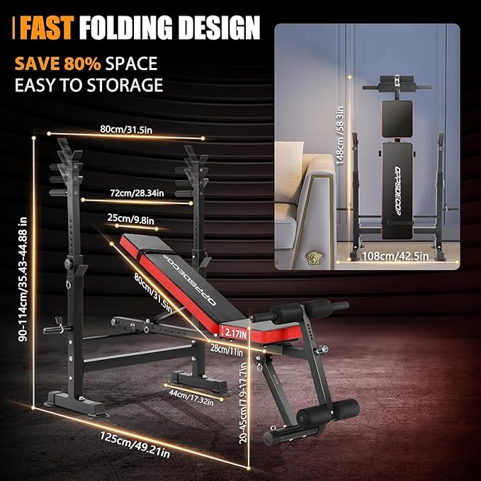 OPPSDECOR Adjustable Weight Bench Set With Removable Rowing Leg Catch, 600LBS Foldable Bench Press Set with Squat Rack Flat Incline Sit Up Workout Bench for Home Gym Strength Training