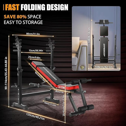 OPPSDECOR Adjustable Weight Bench Set With Removable Rowing Leg Catch, 600LBS Foldable Bench Press Set with Squat Rack Flat Incline Sit Up Workout Bench for Home Gym Strength Training