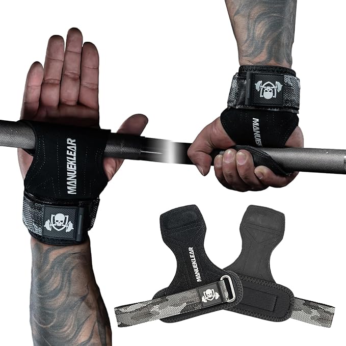 MANUEKLEAR Gym Straps Weight Lifting, Double Leather Lifting Straps for Men Deadlift with Cushion Wrist Loop, Gym Lifting Wrist Wraps for Weightlifting