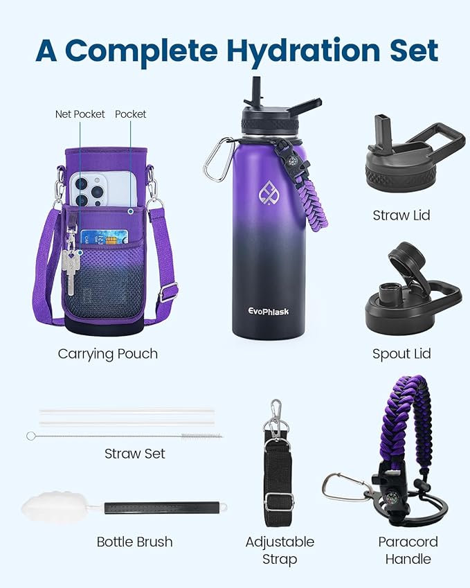 Insulated Water Bottle 40 oz, Vacuum Stainless Steel Water Bottle Keep Cold 48Hrs, Large Metal Water Jug for Travel, Sport, Gym, Hiking with Carrier Bag, Purple/Black