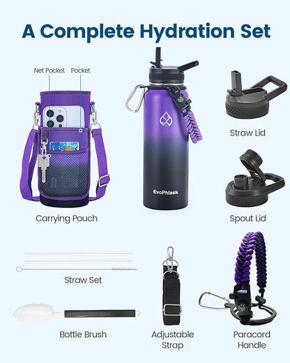 Insulated Water Bottle 40 oz, Vacuum Stainless Steel Water Bottle Keep Cold 48Hrs, Large Metal Water Jug for Travel, Sport, Gym, Hiking with Carrier Bag, Purple/Black