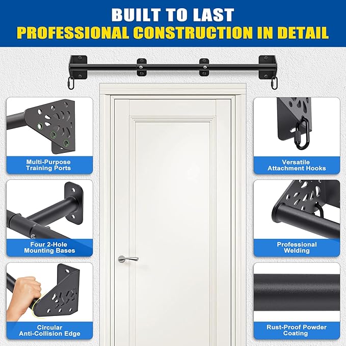 Kipika Wall Mounted Pull Up Bar - Heavy Duty 450 LB Capacity Doorway Chin Up Bar for Home Gym, Sturdy Steel Construction with Resistance Band Hooks | Hanging Exercise Bar for Full Body Workout