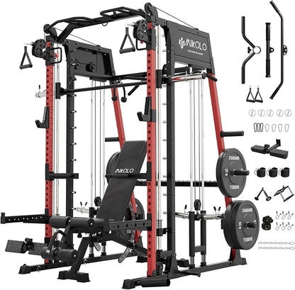 Mikolo M4 2.0 Smith Machine, 2200lbs Squat Rack with LAT-Pull Down System & Cable Crossover Machine, Training Equipment with Leg Hold-Down Attachment