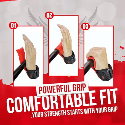QTF Weight Lifting Grips (Pair) for Heavy Powerlifting, Wrist Straps for Deadlifts, Rows, Pull Ups, with Neoprene Padded Wrist Wraps Support and Strong Rubber Gloves or Straps for Bodybuilding.