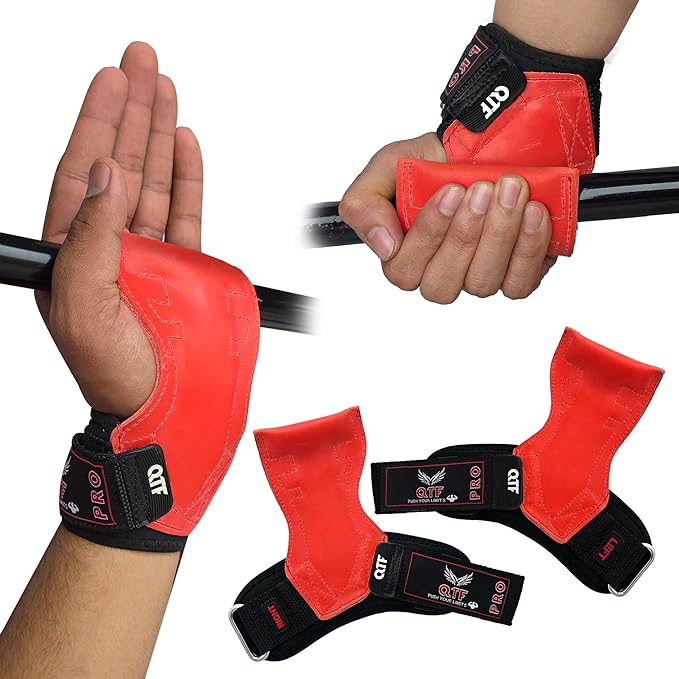 QTF Weight Lifting Grips (Pair) for Heavy Powerlifting, Wrist Straps for Deadlifts, Rows, Pull Ups, with Neoprene Padded Wrist Wraps Support and Strong Rubber Gloves or Straps for Bodybuilding.