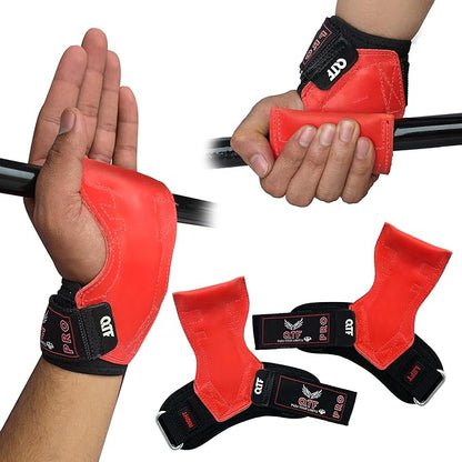 QTF Weight Lifting Grips (Pair) for Heavy Powerlifting, Wrist Straps for Deadlifts, Rows, Pull Ups, with Neoprene Padded Wrist Wraps Support and Strong Rubber Gloves or Straps for Bodybuilding.