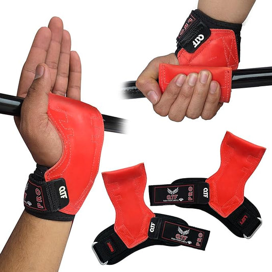 QTF Weight Lifting Grips (Pair) for Heavy Powerlifting, Wrist Straps for Deadlifts, Rows, Pull Ups, with Neoprene Padded Wrist Wraps Support and Strong Rubber Gloves or Straps for Bodybuilding.