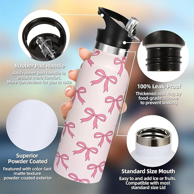 Pink Bow Sport Water Bottle with Straw, Vacuum Insulated Stainless Steel Thermal Drinking Travel Mug Cups For Gym Fitness Camping-20oz/600ml