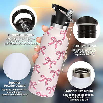 Pink Bow Sport Water Bottle with Straw, Vacuum Insulated Stainless Steel Thermal Drinking Travel Mug Cups For Gym Fitness Camping-20oz/600ml