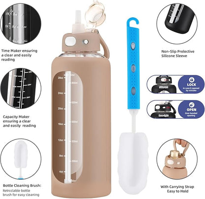 SIEROZUR 32 oz Glass Water Bottle with Straw and Handle 1 Liter Glass Water Bottle with Silicone Sleeve and Time Marker Sports Water Jug Wide Mouth for Travel Gym