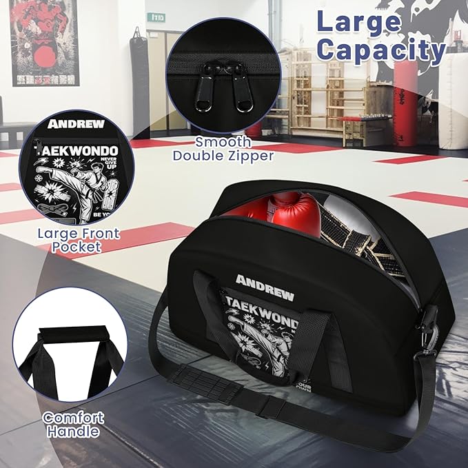 Custom Name Taekwondo Karate Duffle Bag for kids Boy Girls - Personalized Martial Arts Gear Bag, Water-Resistant Sparring Equipment Bag, Taekwondo Black