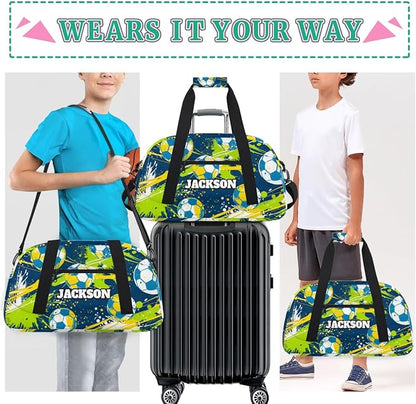 Custom Name Soccer Gym Duffel Bags for Kids Boys, Personalized Sport Travel Bags for Weekender Overnight Training