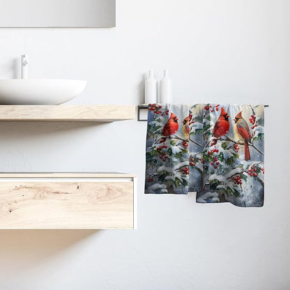 Winter Red Bird Hand Towels Pack of 2 Sweet Couple Cardinal Fingertip Towels Birds Holly Berry Branches Snow Christmas Holiday Bathroom Towels Soft Fast Drying Face Towel for Kitchen Spa Gym