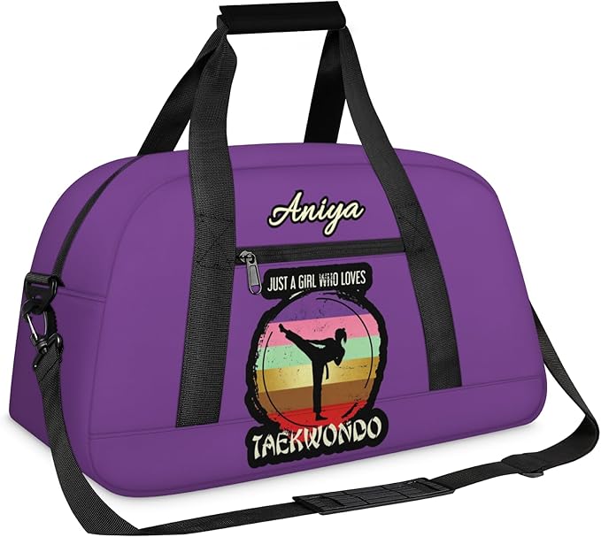 Custom Name Taekwondo Karate Duffle Bag for kids Girls - Personalized Martial Arts Gear Bag, Water-Resistant Sparring Equipment Bag, Taekwondo Purple