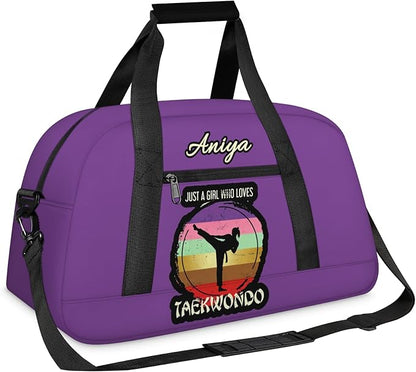 Custom Name Taekwondo Karate Duffle Bag for kids Girls - Personalized Martial Arts Gear Bag, Water-Resistant Sparring Equipment Bag, Taekwondo Purple