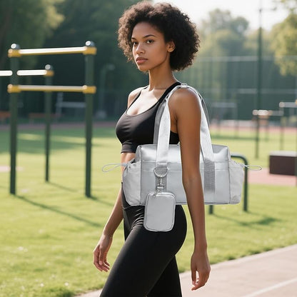 Everyday Mini Gym Bag for Women 2.0, Small Tote with Zipper Compartment Waterproof Travel Duffle Cute Handbag Workout Carry On with Removeable Shoulder Strap & Coin Wallet Easy to Clean-Silver