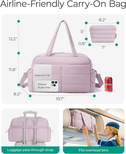 BAGSMART Gym Bag for Women, Lightweight Puffer Duffle Bag 2-PC Travel Bag, 31L Weekender Overnight Bag Quilted Carry On Tote Bag, Diaper Hospital Dance bag for Travel, Gym, Water Resistant