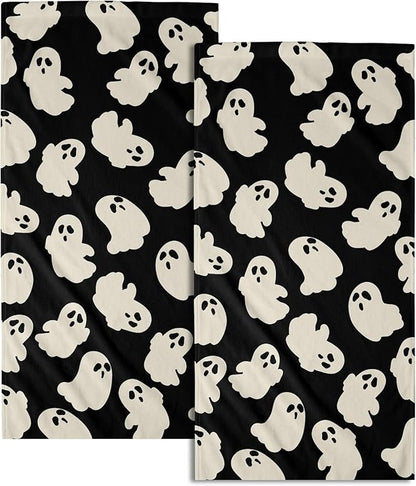 Halloween Ghost Hand Towels Pack of 2 White Spooky Ghost Black Face Towel 28.3x14.4 Inch Happy Halloween Holiday Decorative Super Soft Kitchen Towels for Bathroom Home Hotel Gym