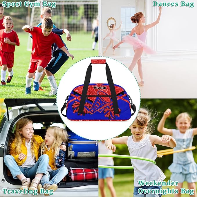 Personalized Sports Cheer Duffel Bag, Custom Sport Gym Bag Large Compartment Cheerleaders Dance Bag Weekender Bags Travel Training Bag for men, Red Sequins Glitter Black Royal Blue