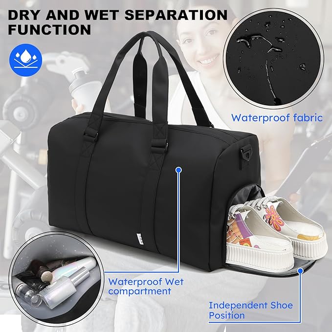 NOL Waterproof Gym Duffle Bag for Men & Women with Shoe & Wet Compartments, Multiple Pockets | Adjustable Shoulder Strap for Sports, Travel, Fitness, Workout & Hospital Use, Black