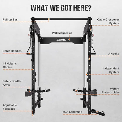 WM3-V4 Folding Squat Rack, Wall Mounted Power Rack with Dual Independent Pulley System, Functional Trainer with 5 Adjustable Function Modes for Space Saving